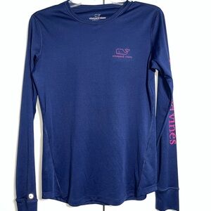 Vineyard Vines Navy Long Sleeve Performance Tee with Pink Logo